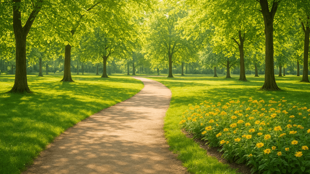 A bright natural park scene with a winding dirt path surrounded by lush green trees and vibrant yellow flowers, creating a clean, cheerful, and refreshing environment.