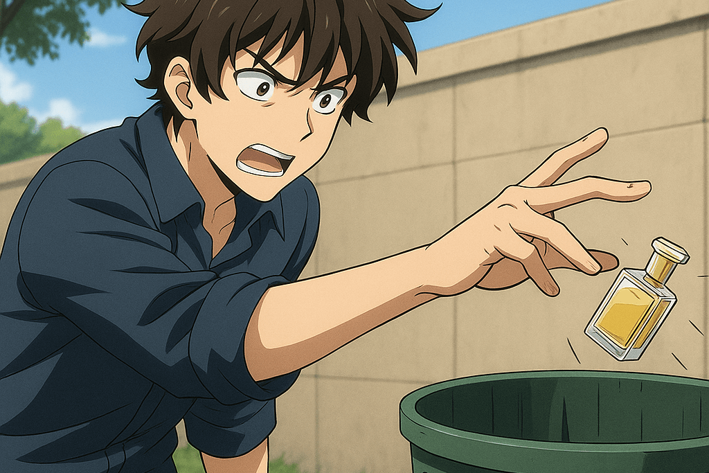 Young man in anime style angrily throwing a perfume bottle into a trash bin, with expressive facial features, bold outlines, and a dynamic motion in a bright urban setting.