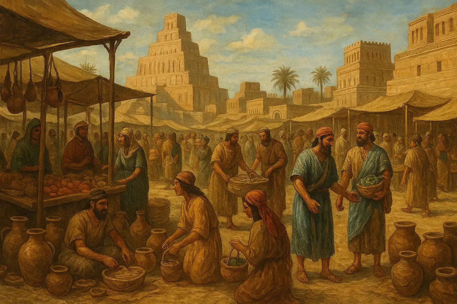 A vibrant painting depicting diverse people shopping and interacting in a bustling open market scene.