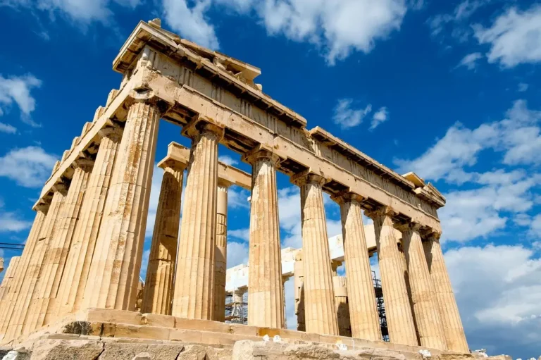The Parthenon, an ancient temple, stands majestically in Athens, Greece, showcasing classical Greek architecture.