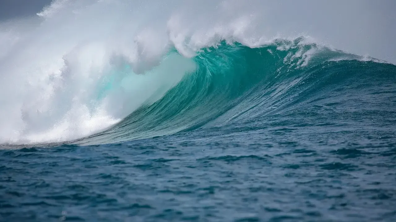 A large wave crashes onto the ocean surface, creating a dramatic splash against the blue water.