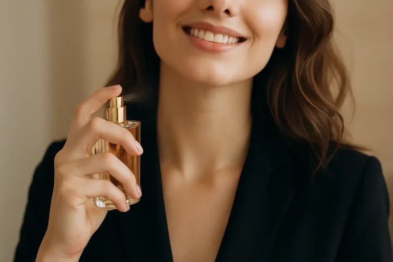 A woman in a black suit elegantly holds a perfume bottle, showcasing sophistication and style