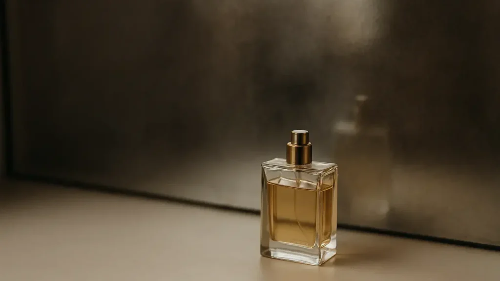 A bottle of perfume elegantly placed on a wooden table, reflecting soft light.