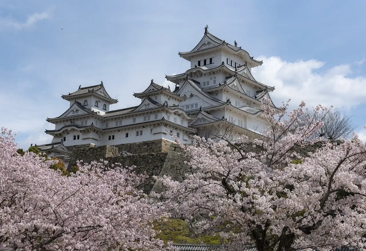 A majestic castle is encircled by blooming cherry trees, creating a picturesque springtime scene in Japan