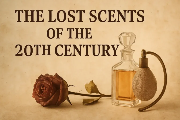 A collage representing the lost scents of the 20th century, featuring vintage perfume bottles and nostalgic fragrance notes