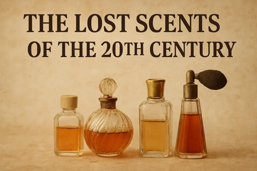 A collage representing nostalgic scents from the 20th century, featuring vintage perfume bottles and fragrant flowers