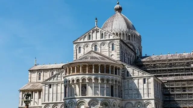 The Leaning Tower of Pisa, a famous freestanding bell tower in Italy, known for its unintended tilt