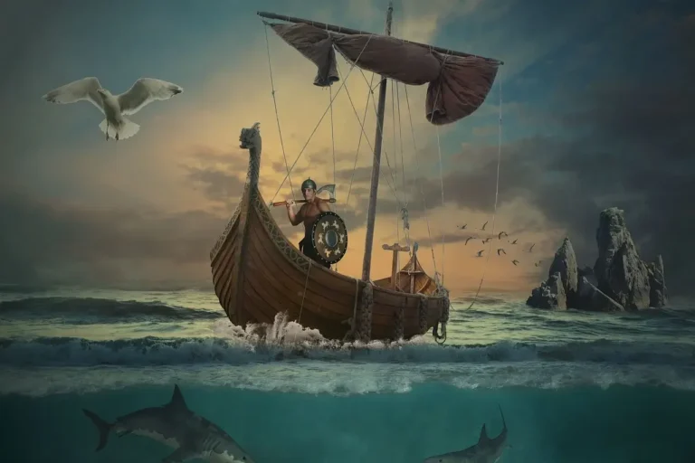 A Viking boat with a man aboard, surrounded by several sharks swimming in the water