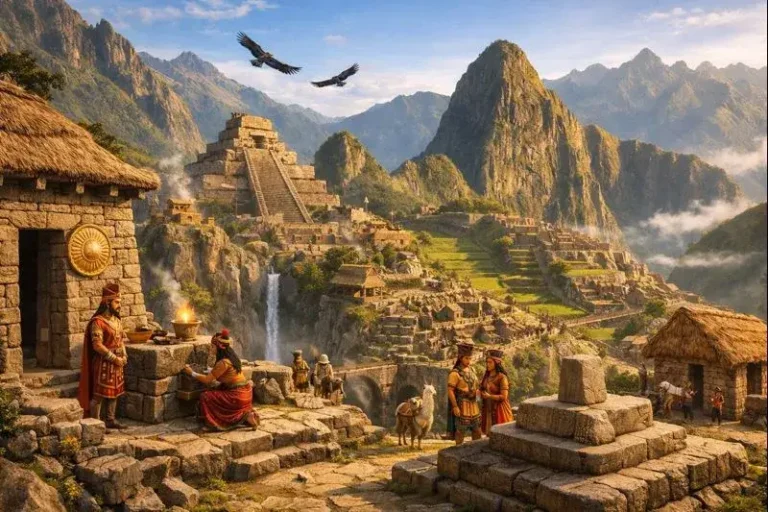 A panoramic view of Machu Picchu, the ancient Inca city nestled in the Andes mountains of Peru