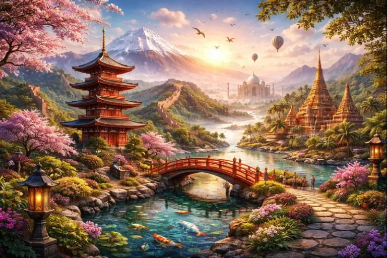 A serene painting depicting a river flowing past a pagoda nestled in majestic mountains
