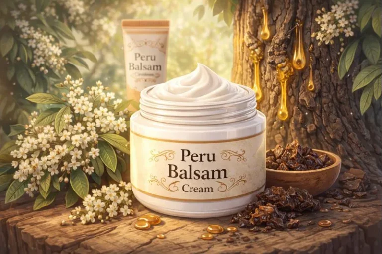 A jar of pera balsam cream next to a jar and a bottle of honey on a wooden surface.