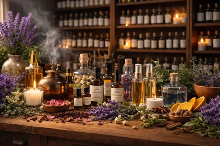 A variety of essential oils and candles arranged neatly on a wooden table, showcasing different colors and sizes