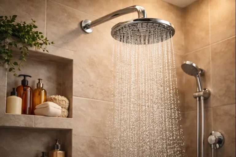 A close-up of a shower head featuring multiple spray settings and a sleek design, mounted on a tiled wall