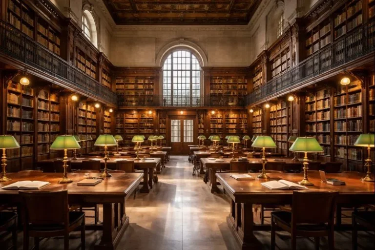 Interior view of the British Library, showcasing rows of bookshelves and reading areas filled with visitors