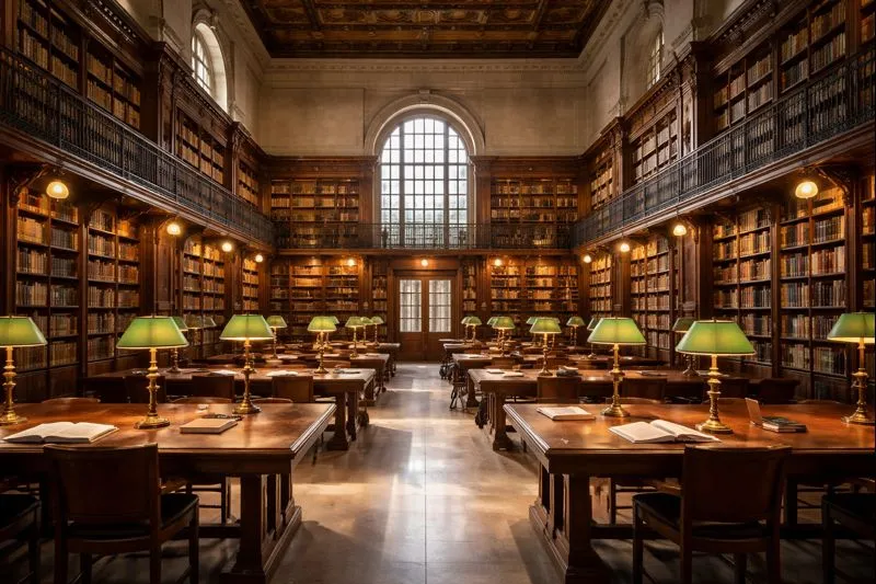 Interior view of the British Library, showcasing rows of bookshelves and reading areas filled with visitors