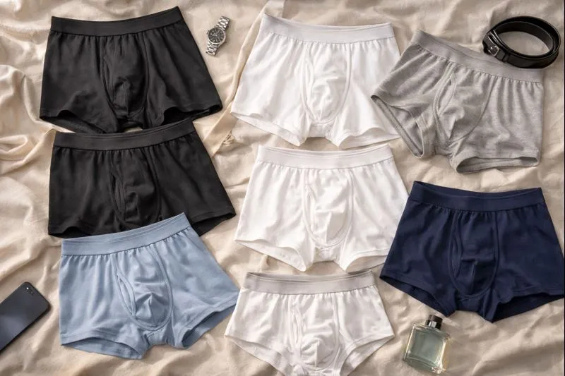 Men's underwear displayed alongside a cell phone and a pair of underwear, highlighting casual lifestyle items
