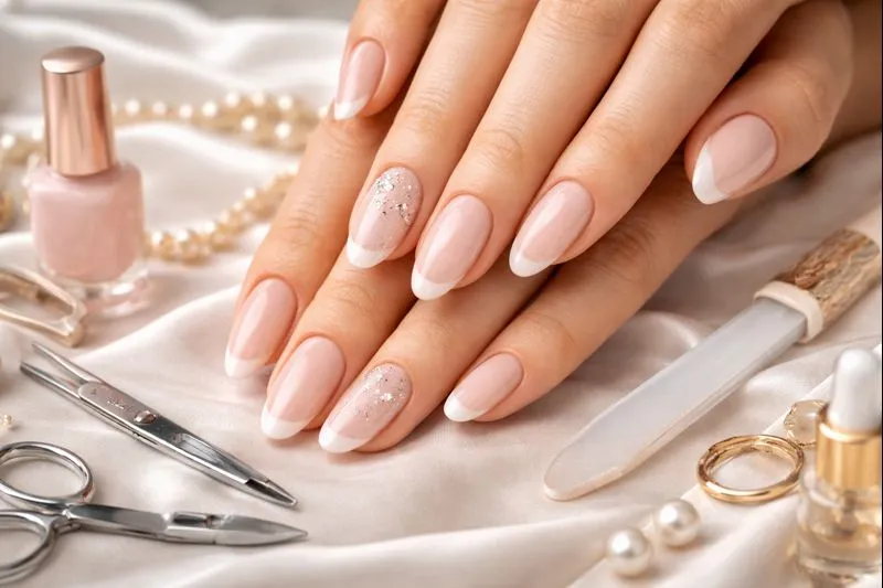 A beauty salon scene featuring a manicure and pedicure station with nail polish and tools arranged neatly