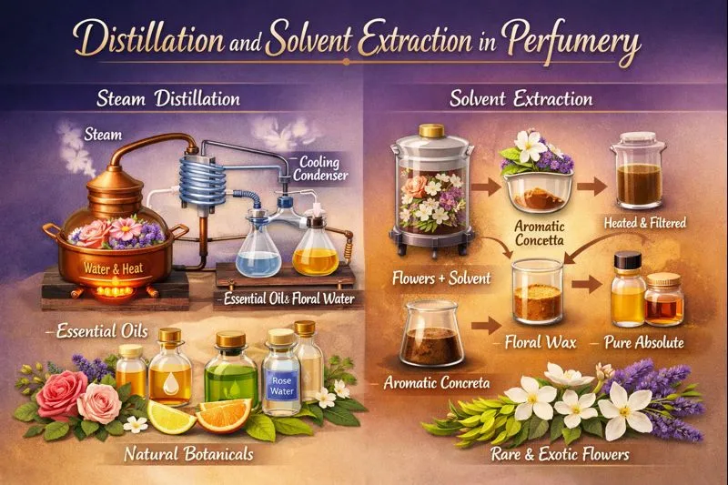 Diagram illustrating distillation and solvent extraction processes used in perfume production