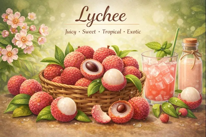 A glass of lychee juice surrounded by fresh lychee fruits, showcasing its sweet tropical flavor and vibrant color