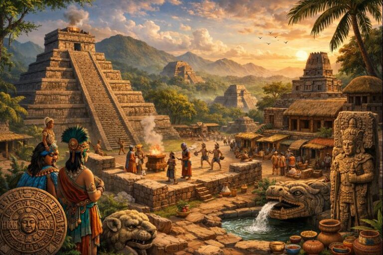 A view of the Mayan city with a prominent pyramid rising in the background against a clear blue sky