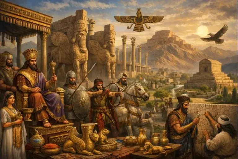 Ancient Persian city bustling with people and animals, showcasing daily life in a historical setting