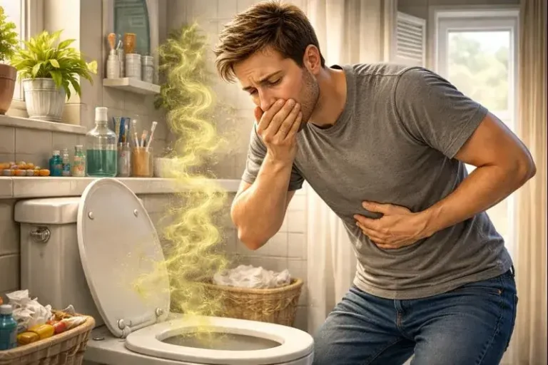 A man stands in front of a toilet emitting yellow smoke, looking surprised at the unusual situation
