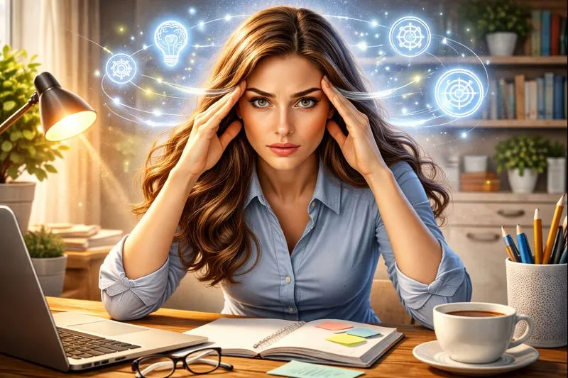 A woman at her desk, resting her head in her hands, appears stressed or overwhelmed