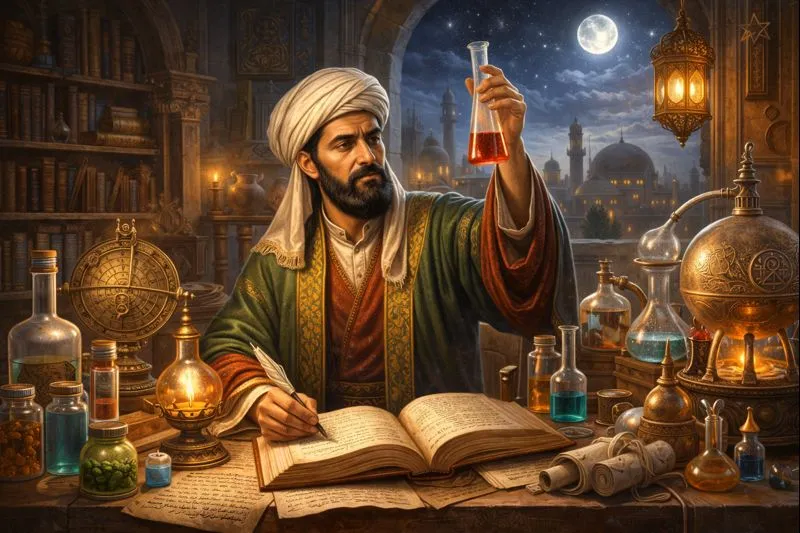 An illustration of a man in a lab, holding a book in one hand and a flask in the other, surrounded by lab equipment