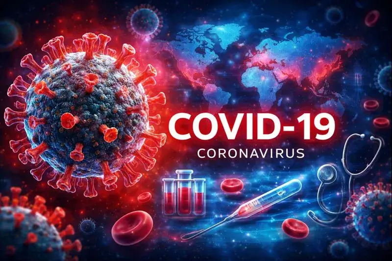 Coronavirus particles and medical equipment displayed on a dark background, highlighting the pandemic's impact on healthcare