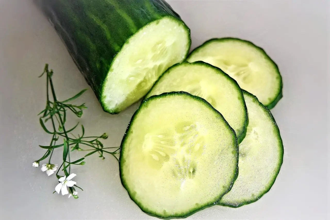 Cucumber slices arranged with colorful flowers on a clean white surface