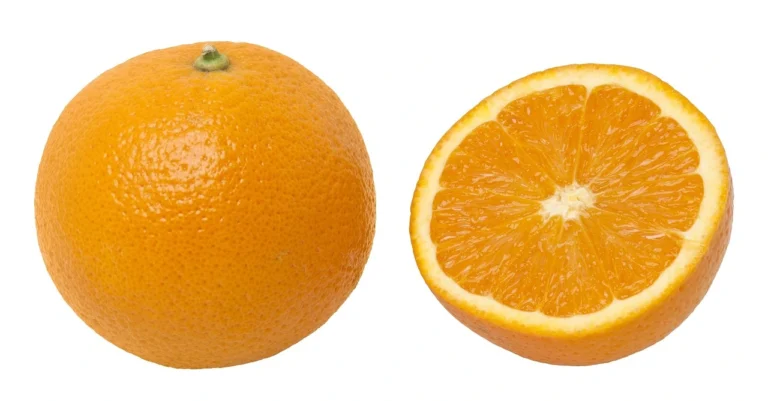 A whole orange next to a half orange, showcasing the vibrant orange color and juicy interior