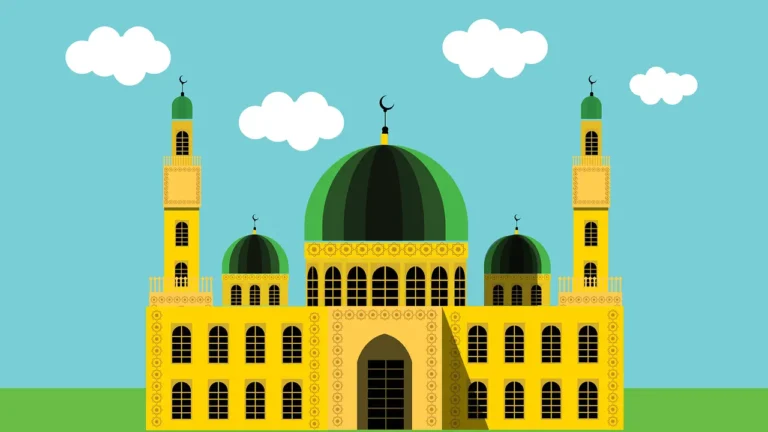 Vector illustration of an Islamic mosque featuring domes and minarets against a simple background