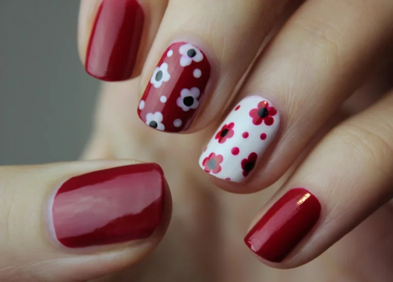 A close-up of a woman's hand showcasing red and white nail polish on her fingernails