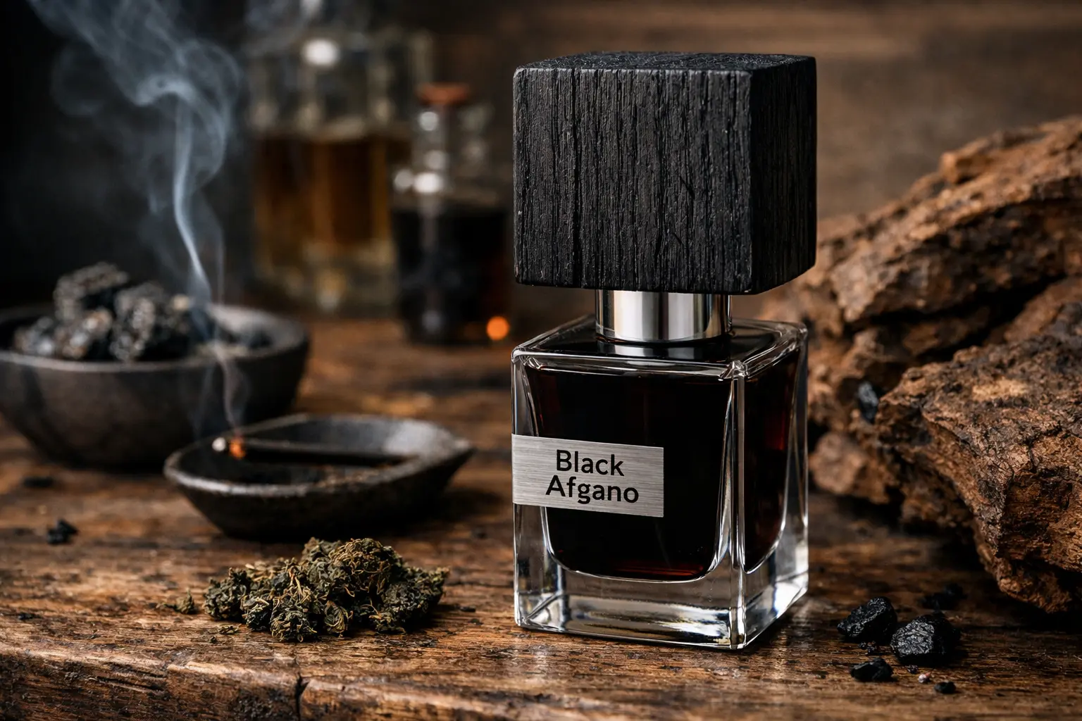 Black Afgano by Nasomatto dark niche perfume bottle with smoky incense atmosphere