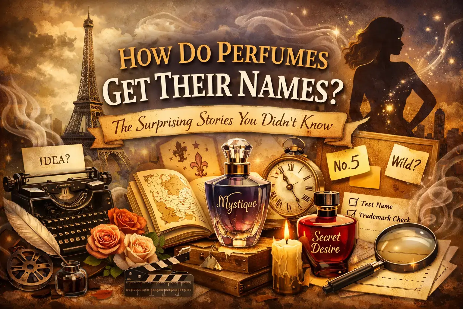 Image depicting the process of naming perfumes, featuring various fragrance bottles and name suggestions