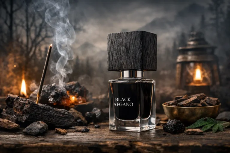 Black Afgano by Nasomatto perfume bottle with smoky incense, burning resin, and oud wood in a dark atmospheric fragrance setting