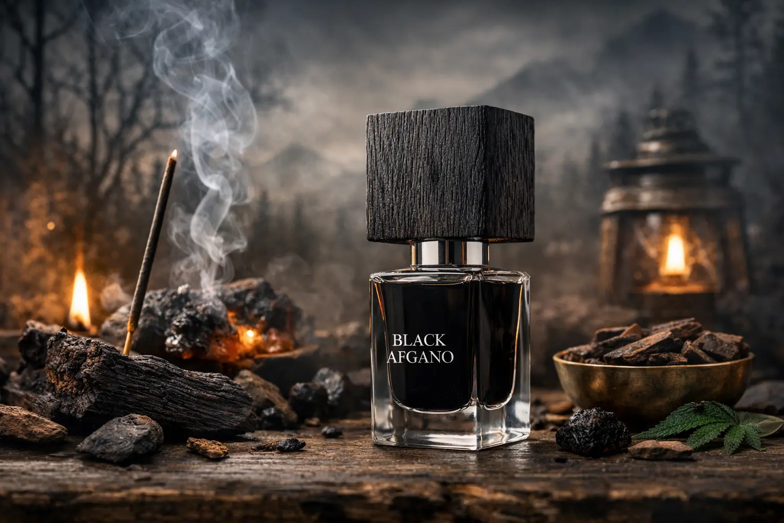 Black Afgano by Nasomatto perfume bottle with smoky incense, burning resin, and oud wood in a dark atmospheric fragrance setting