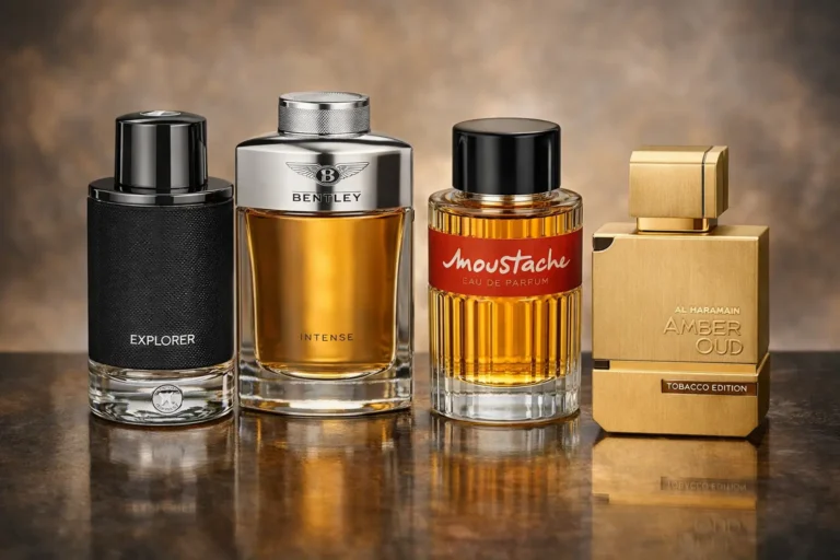 Affordable niche perfume alternatives including Montblanc Explorer, Bentley Intense, Rochas Moustache EDP, and Al Haramain Amber Oud Tobacco Edition