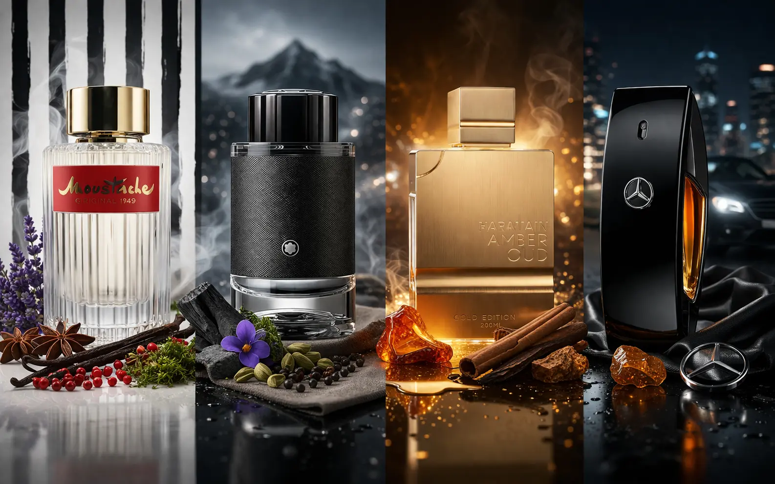 A collection of four affordable men's date night perfumes including Rochas Moustache, Montblanc fragrance, Al Haramain Amber Oud Gold Edition, and Mercedes-Benz Club Black arranged in a luxury style background