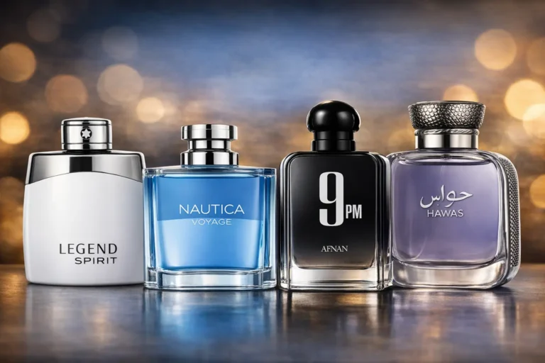 best cheap men's perfumes including Nautica Voyage, Afnan 9PM, Rasasi Hawas and Montblanc Legend Spirit bottles lineup