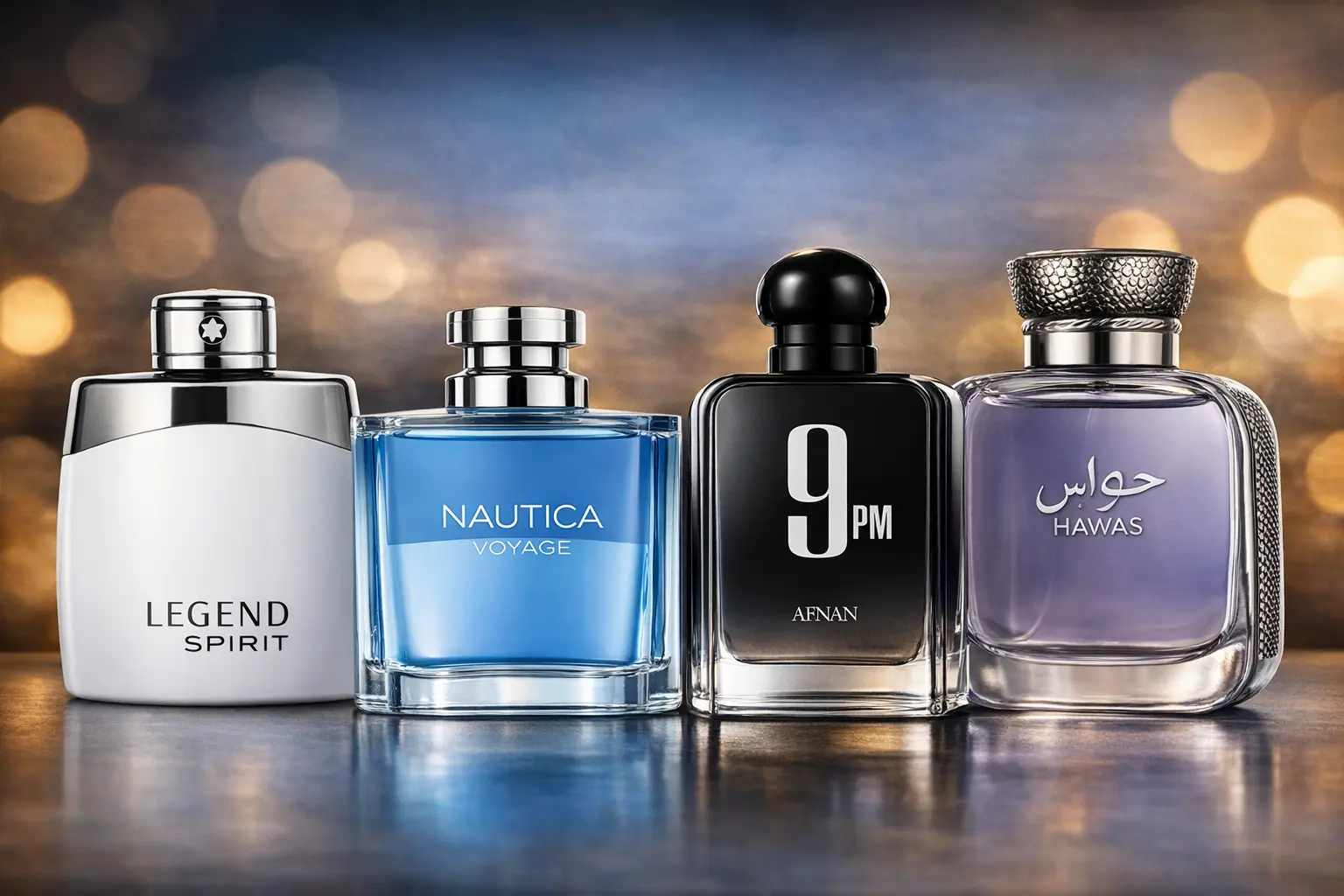 best cheap men's perfumes including Nautica Voyage, Afnan 9PM, Rasasi Hawas and Montblanc Legend Spirit bottles lineup