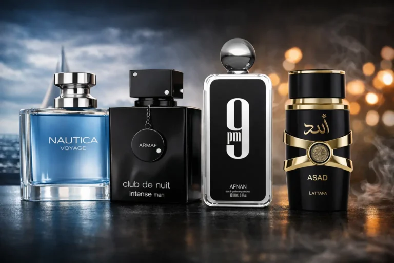 Top cheap men’s fragrances that smell expensive featuring Nautica Voyage, Armaf Club de Nuit Intense Man, Afnan 9PM, and Lattafa Asad