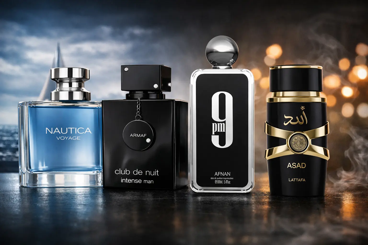 Top cheap men’s fragrances that smell expensive featuring Nautica Voyage, Armaf Club de Nuit Intense Man, Afnan 9PM, and Lattafa Asad