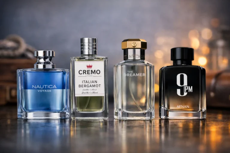 Four affordable men’s perfumes under $50 including Nautica Voyage, Cremo Italian Bergamot, Versace The Dreamer, and Afnan 9PM displayed together