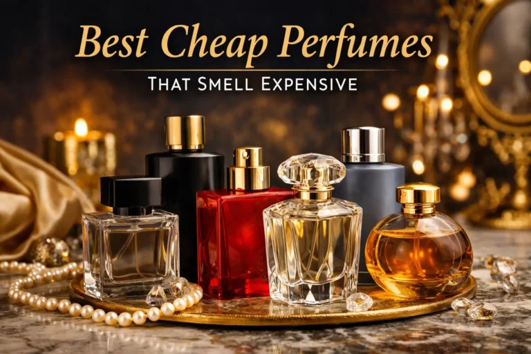 collection of cheap perfumes that smell expensive displayed on a luxury tray