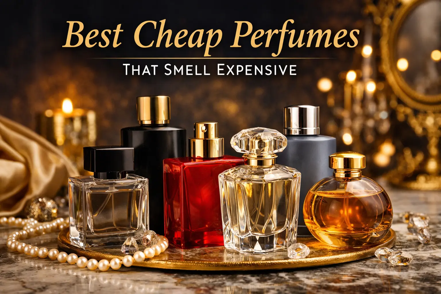 collection of cheap perfumes that smell expensive displayed on a luxury tray