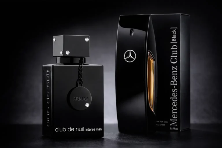A stylish side-by-side display of Armaf Club de Nuit Intense Man and Mercedes-Benz Club Black, two popular compliment-getting men's fragrances