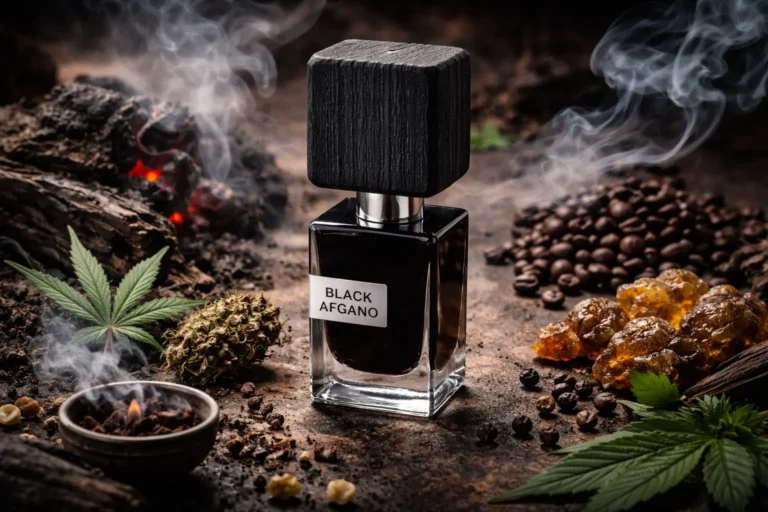Black Afgano fragrance bottle with smoky incense, coffee, resin, and dark woody notes representing its scent profile.