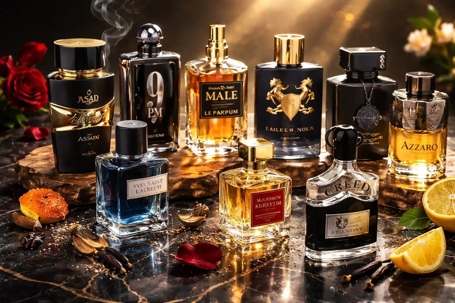 collection of affordable perfumes that smell like niche fragrances displayed on a luxury surface with warm lighting