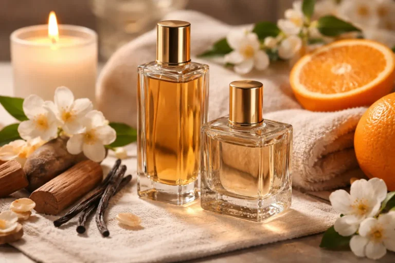 Clean and warm fragrance composition featuring citrus, vanilla, and soft woody notes creating a comforting and attractive scent atmosphere